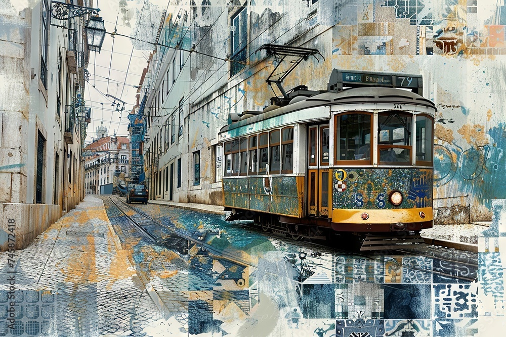 Lisbon Tram and Azulejos Inspired Collage

