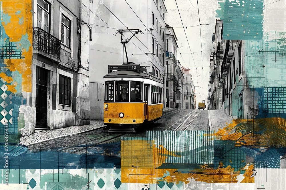 Lisbon Tram and Azulejos Inspired Collage

