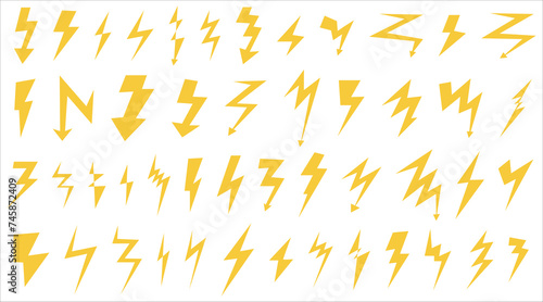 Set of different yellow lightning icons. Simple icon of storm or thunder and lightning strike. Isolated on white background vector illustration in flat style. Retro Y2k style.
