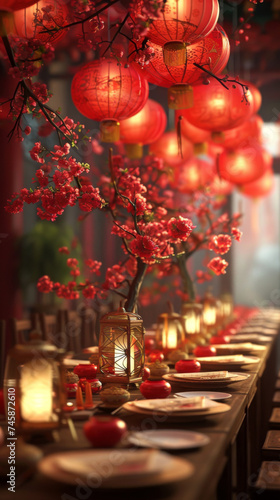 Elegant dining setup adorned with red lanterns and cherry blossom branches in a beautifully decorated venue during a festive celebration photo