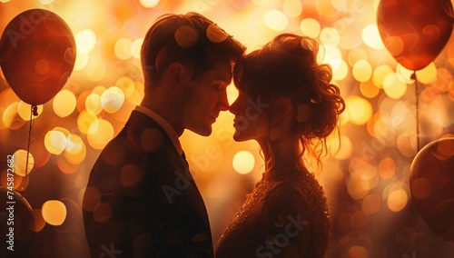Silhouetted couple shares a romantic kiss surrounded by glowing, warm lights and floating balloons