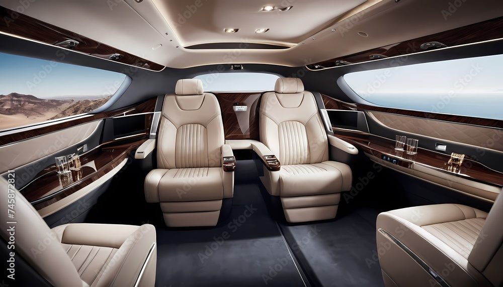 Generative AI. The image shows the interior of a luxury car. The car has a beige leather interior and a wood-trimmed dashboard. The image is taken from the perspective of the rear seat. Generative AI. The image shows the interior of a luxury car. The car has a beige leather interior and a wood-trimmed dashboard. The image is taken from the perspective of the rear seat.