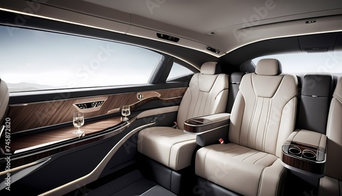 Generative AI. The image shows the interior of a luxury car. The car has a beige leather interior and a wood-trimmed dashboard. The image is taken from the perspective of the rear seat. © Slava Dark