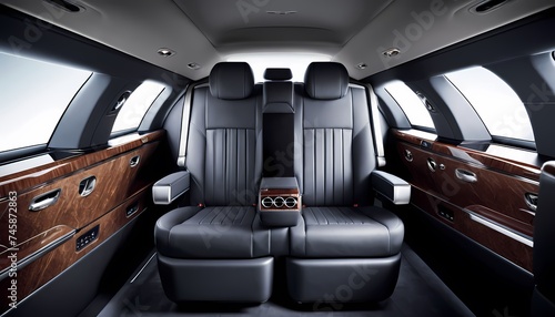 Generative AI. The image shows the interior of a luxury car. The car has a beige leather interior and a wood-trimmed dashboard. The image is taken from the perspective of the rear seat. © Slava Dark