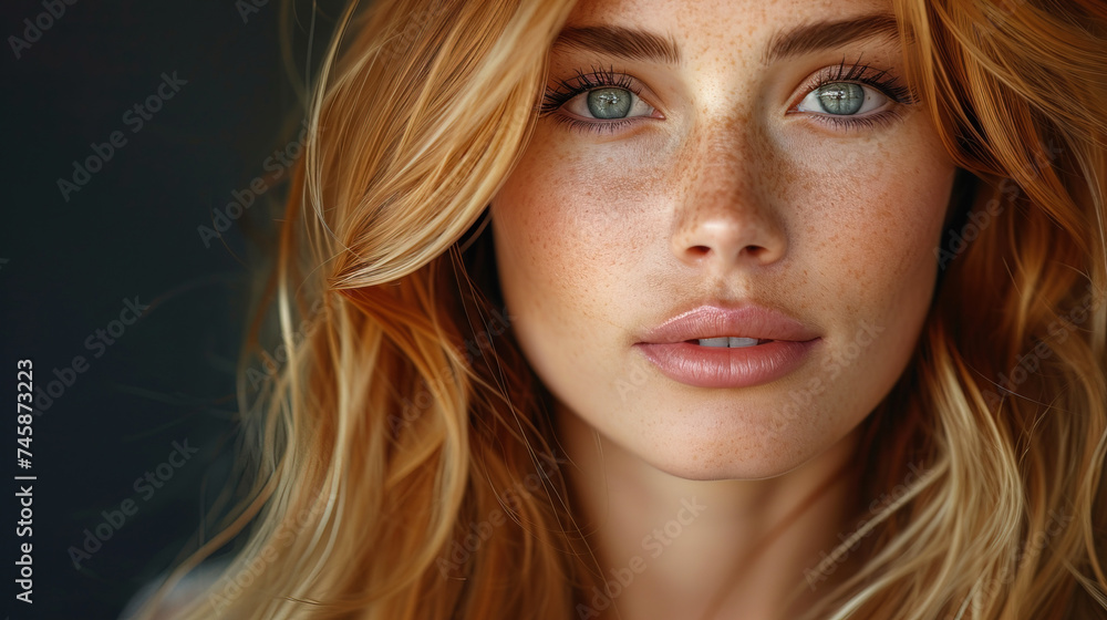 Close-up Portrait of a pretty model blonde girl with freckles Close-up Portrait of a pretty model blonde girl with freckles