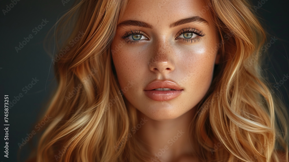 Close-up Portrait of a pretty model blonde girl with freckles Close-up Portrait of a pretty model blonde girl with freckles