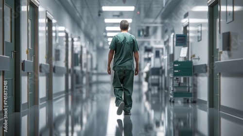A healthcare professional in green scrubs walks purposefully through the bright, sterile corridor of a hospital.