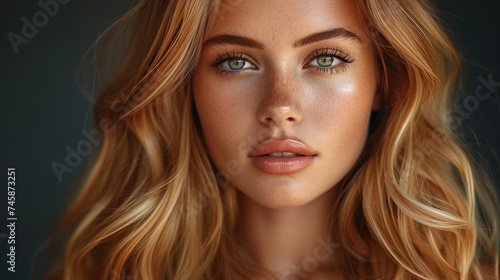 Close-up Portrait of a pretty model blonde girl with freckles