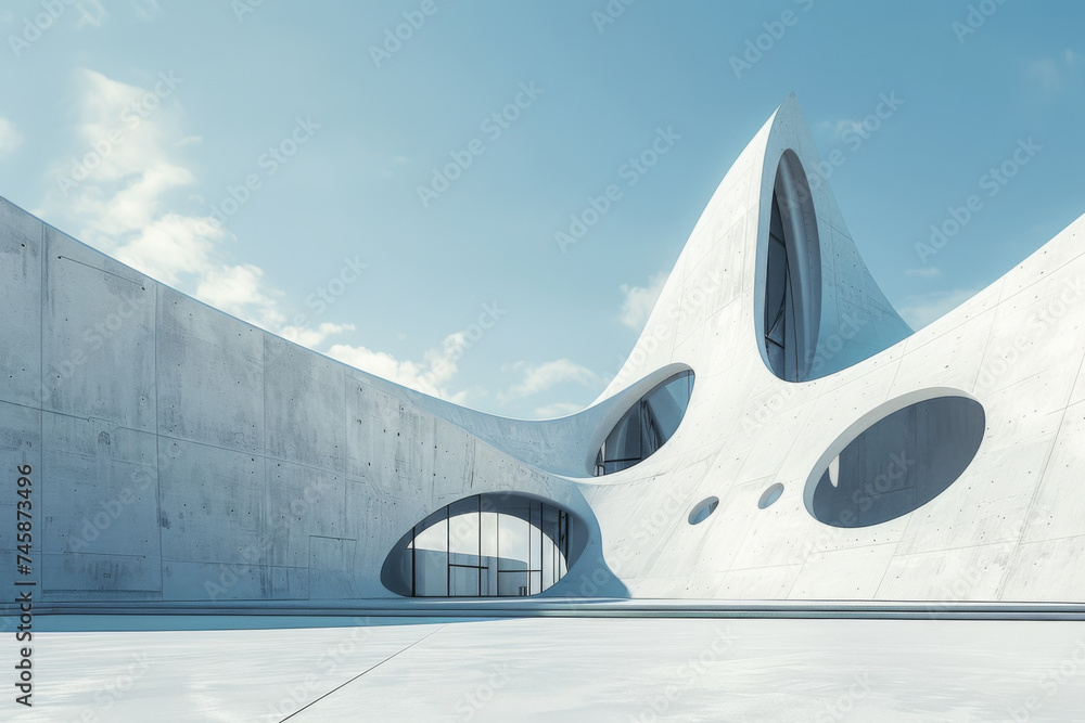 White building under a blue sky.