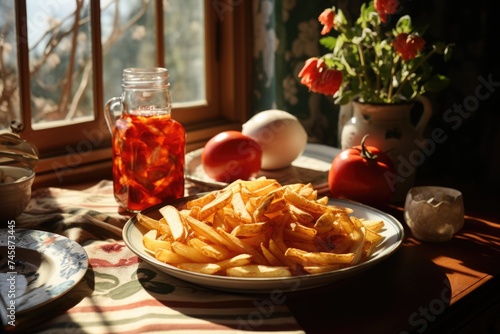 A bottle of ketchup next to a plate of chips., generative IA