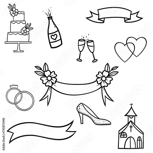 set of hand drawn wedding elements