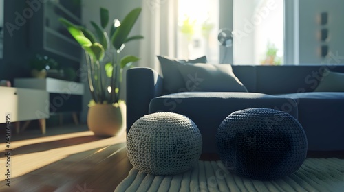 Modern living room. Two knitted pouffes near a dark blue corner sofa. Scandinavian home interior design modern living room photo