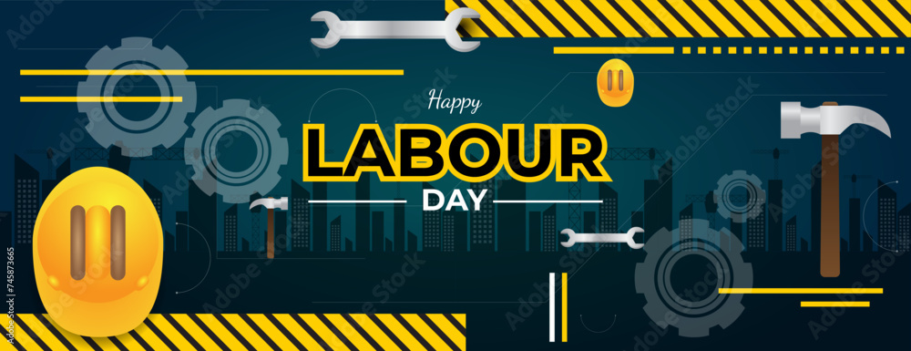 labour day banner background design with tools and the city. vector illustration