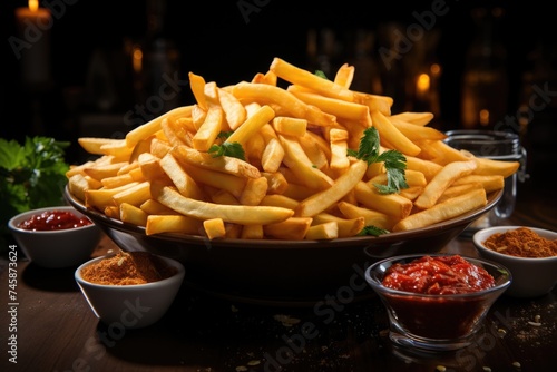 Delicious views of Delicious French fries with Dark Background of Fast-food Hambur  generative IA
