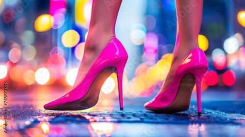 A woman's pink high heels on a reflective wet surface, with vibrant city night lights in the background. photo