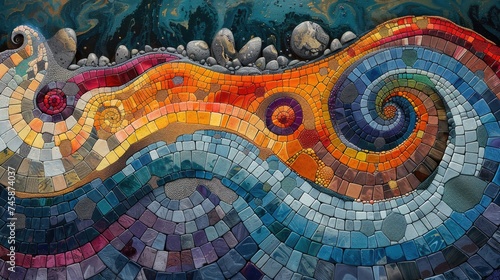 A vibrant abstract mosaic resembling an oasis, with swirling patterns and rich colors. Ideal for community spaces. 