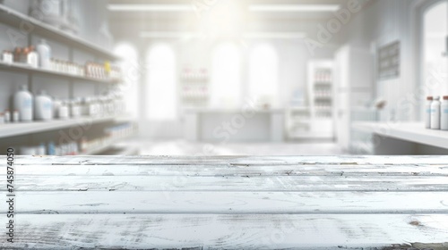 The perspective of a white wooden table with a softly blurred pharmacy interior in the background, suggesting care.