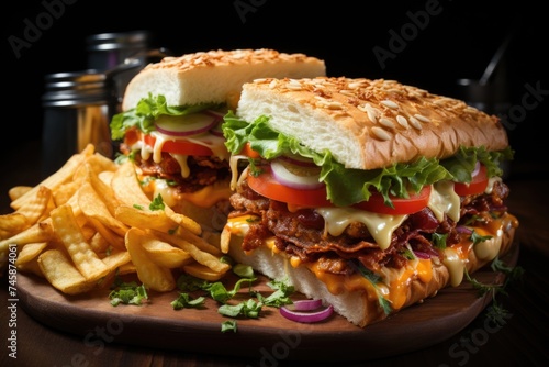 Front view delicious chips with dark background tomatoes Fast-food sandwich roaste, generative IA