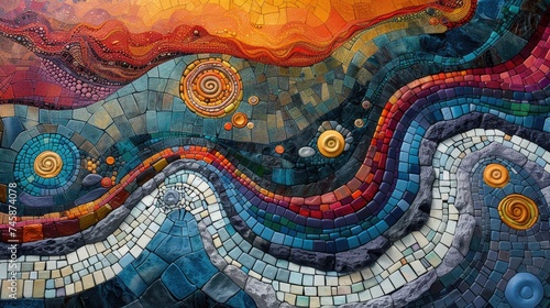 A vibrant abstract mosaic resembling an oasis, with swirling patterns and rich colors. Ideal for community spaces. 