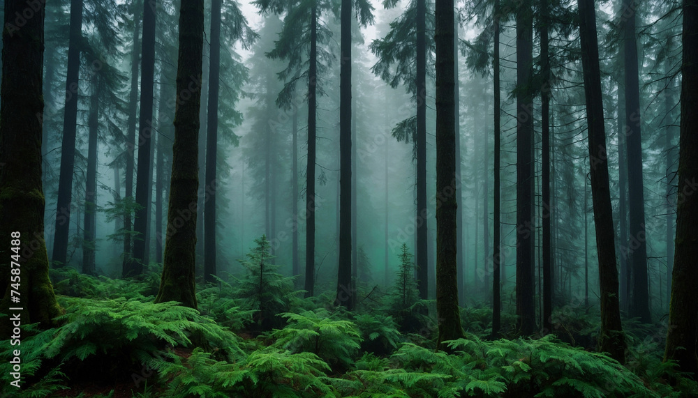 Fototapeta premium A dense forest with towering fir trees, their deep green leaves enshrouded in a mysterious fog and amidst the mist, hints of emerald hues dance, creating an enchanting atmosphere
