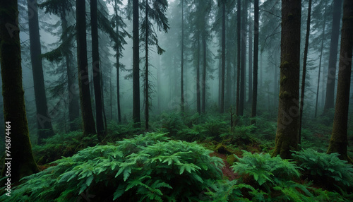 A dense forest with towering fir trees  their deep green leaves enshrouded in a mysterious fog and amidst the mist  hints of emerald hues dance  creating an enchanting atmosphere