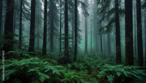 A dense forest with towering fir trees, their deep green leaves enshrouded in a mysterious fog and amidst the mist, hints of emerald hues dance, creating an enchanting atmosphere © mdaktaruzzaman