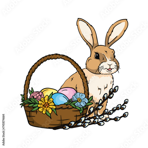 The Easter bunny sits near a basket with eggs, flowers and pussy willow. Bright vector illustration for Easter card