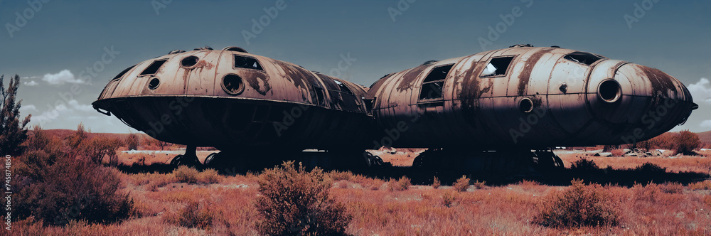 An abandoned spaceship on an alien planet, rusted metal, broken windows, overgrown vegetation reclaim the vessel. Generative AI. An abandoned spaceship on an alien planet, rusted metal, broken windows, overgrown vegetation reclaim the vessel. Generative AI.