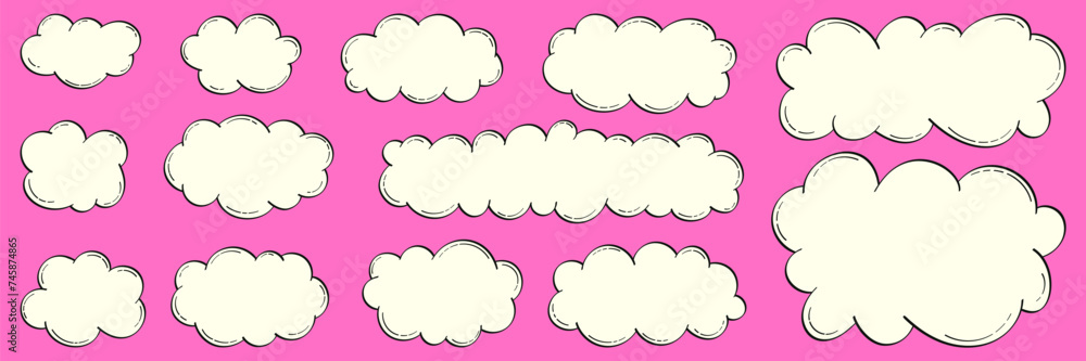 Set of white cartoon clouds in retro linear style. Vector doodles with place for text, hand drawn for banners, posters in comic style.