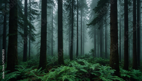 A dense forest with towering fir trees  their deep green leaves enshrouded in a mysterious fog and amidst the mist  hints of emerald hues dance  creating an enchanting atmosphere
