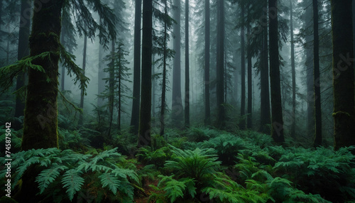 A dense forest with towering fir trees, their deep green leaves enshrouded in a mysterious fog and amidst the mist, hints of emerald hues dance, creating an enchanting atmosphere