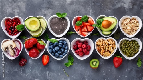 Healthy food selection. Fresh fruits in bowls. Healthy living. Diet. Low calorie. 