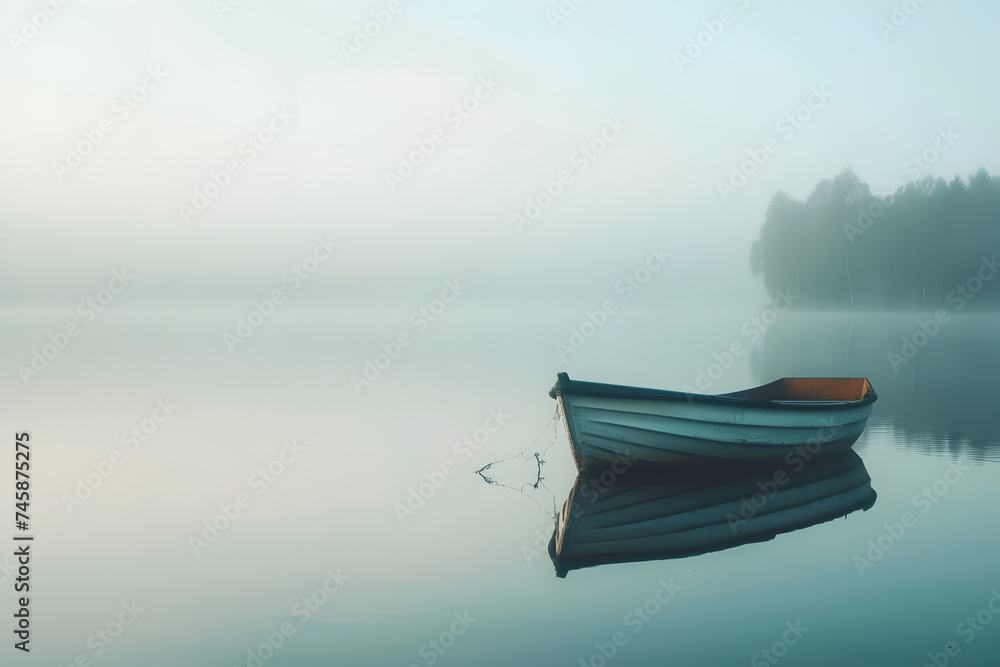 Small wooden boat floating on calm lake