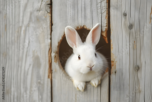 Cute Easter bunny looks out of an egg-shaped hole in the background wall