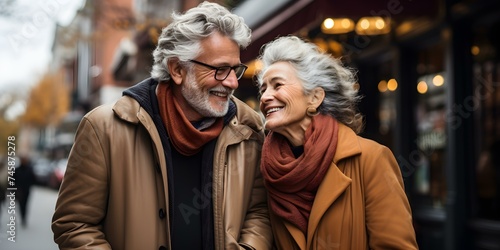Joyful Elderly Couple Embracing Happily in Bustling City Setting. Concept Elderly Love, City Embrace, Joyful Moments, Urban Photography, Happy Couples
