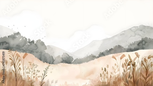 Watercolor neutral minimalist landscape illustration