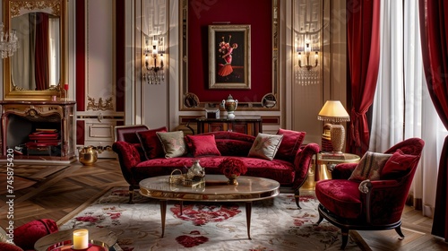 Interior adorned with delicate red colors, where subtle accents and refined details evoke a sense of timeless beauty and sophistication, creating a luxurious and inviting space for relaxation