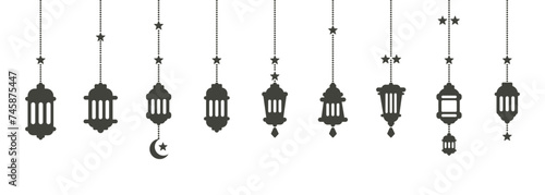 Simple hanging Arabic traditional Ramadan Kareem lantern collection set. Eid Fitr or Adha Mubarak lamp Greeting crescent moon and star symbol Outline line icon Vector Illustration