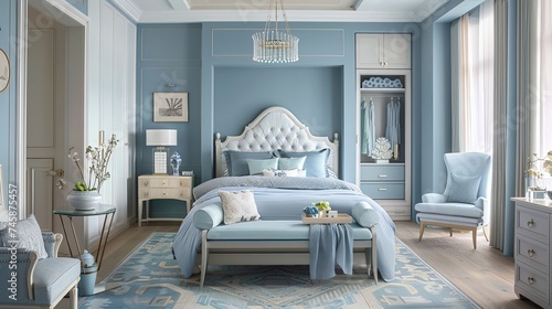 Women's room interior adorned with calming blue hues, where balanced proportions and thoughtful decor choices create a harmonious and serene space for rest photo