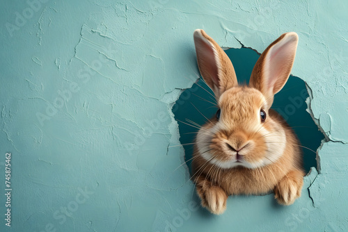 Cute Easter bunny looks out of an egg-shaped hole in the background wall © Kenishirotie