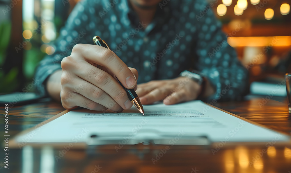 Close-up of businessman signing a document. Corporate and legal agreement concept with focus on hand and pen. Design for banner, corporate website header Close-up of businessman signing a document. Corporate and legal agreement concept with focus on hand and pen. Design for banner, corporate website header