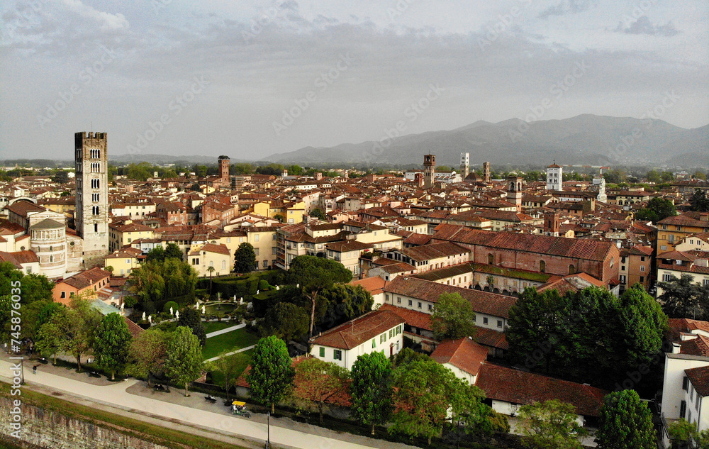 Aerial view of the walled town of Lucca in Tuscany, Italy