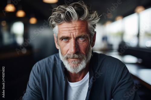 Portrait of senior man with grey hair looking at camera in cafe