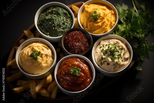 Top view of tasty chips with different sauces in black, generative IA