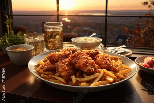 Superior view of a delicious fried chicken with chips, generative IA