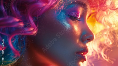 Illustrate the synergy between colorful hair and makeup trends, creating a complete look that defines modern beauty