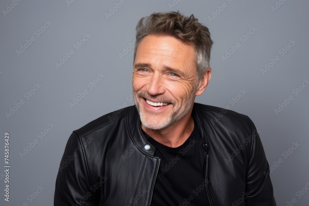 Handsome middle aged man laughing at the camera while standing against grey background