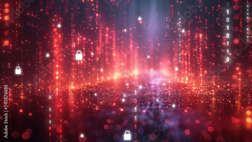 Cyber security technology concept. abstract dynamic red light Binary padlock on background photo