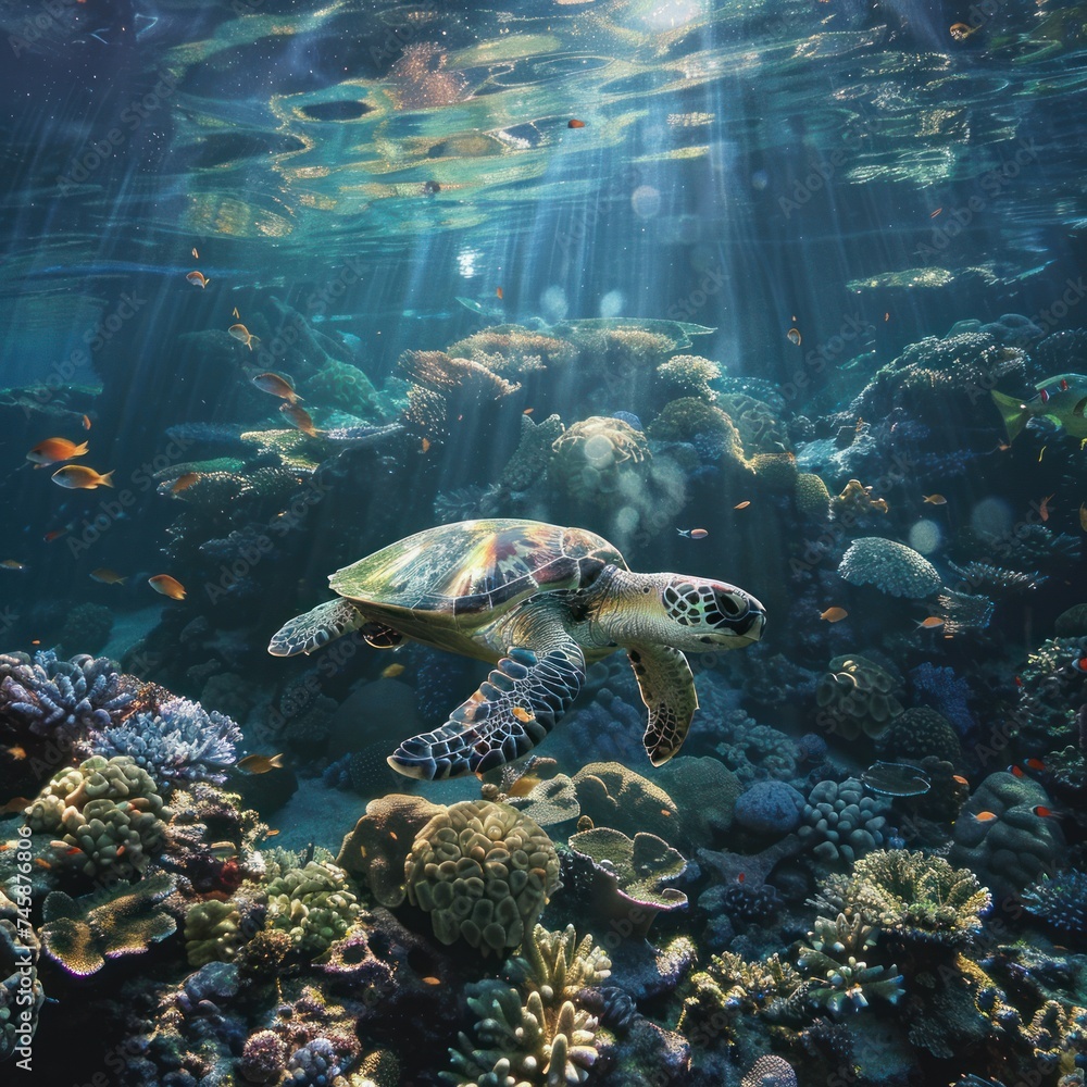 Underwater scene with a green sea turtle gliding through coral reefs peaceful and graceful Underwater scene with a green sea turtle gliding through coral reefs peaceful and graceful