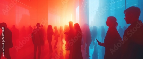 Mysterious silhouettes of people in motion within a futuristic red-lit corridor, evoking urban flow and energy